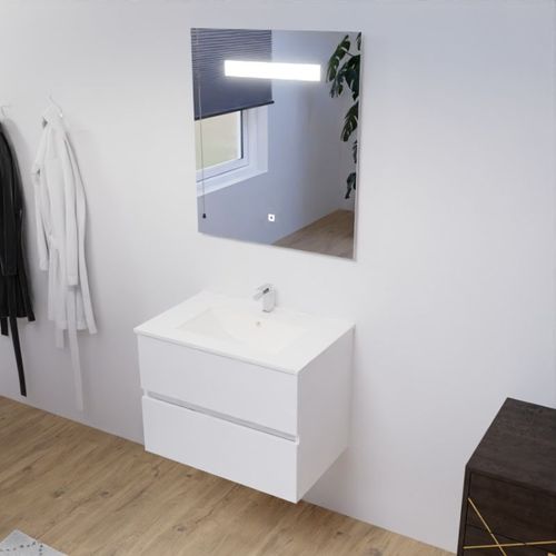 Meuble Salle De Bain 70 Cm Rosaly Avec Plan Vasque Et Miroir Elégance Ht80- Blanc- Céramique