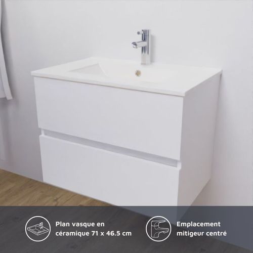 Meuble Salle De Bain 70 Cm Rosaly Avec Plan Vasque Et Miroir Elégance Ht80- Blanc- Céramique
