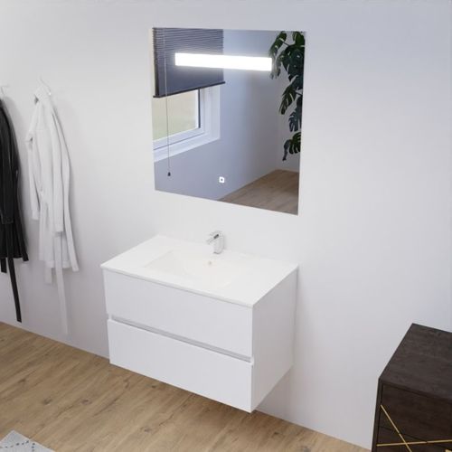 Meuble Salle De Bain 80 Cm Rosaly Avec Plan Vasque Et Miroir Elégance Ht80- Blanc- Céramique