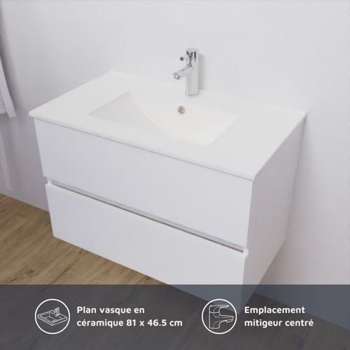 Meuble Salle De Bain 80 Cm Rosaly Avec Plan Vasque Et Miroir Elégance Ht80- Blanc- Céramique
