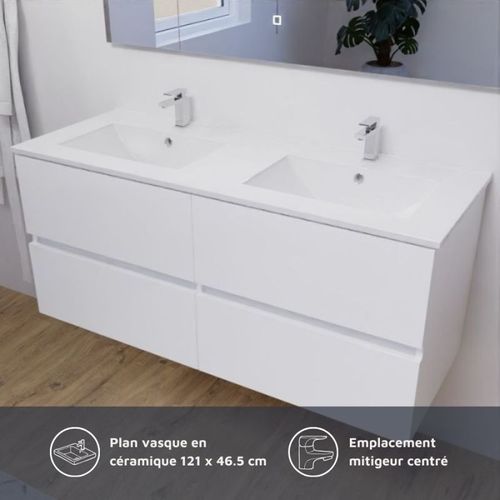 Meuble Double Vasque 120 Cm Rosaly Avec Miroir Elégance Ht80- Blanc- Céramique