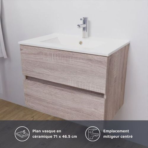 Meuble Salle De Bain 70 Cm Rosaly Avec Plan Vasque Et Miroir Elégance Ht80- Bois- Céramique