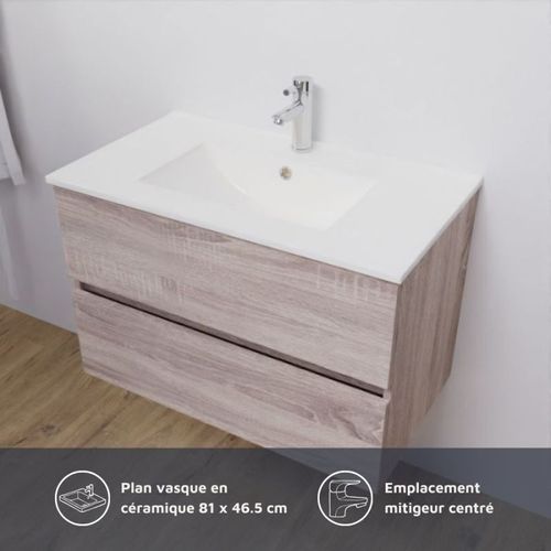 Meuble Salle De Bain 80 Cm Rosaly Avec Plan Vasque Et Miroir Elégance Ht80- Bois- Céramique