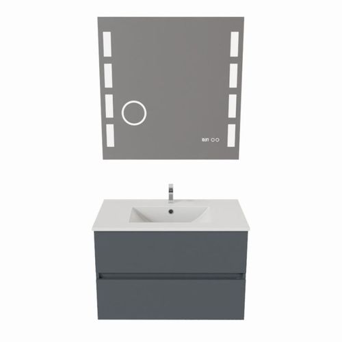 Meuble Salle De Bain 80 Cm Rosaly Avec Plan Vasque Et Miroir Excell Plus- Gris- Céramique