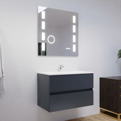 Meuble Salle De Bain 80 Cm Rosaly Avec Plan Vasque Et Miroir Excell Plus- Gris- Céramique