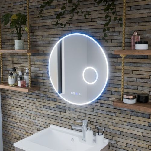 Miroir Rond Rondi Plus 60 Cm - Eclairage LED Réglable, Antibuée, Horloge Et Loupe
