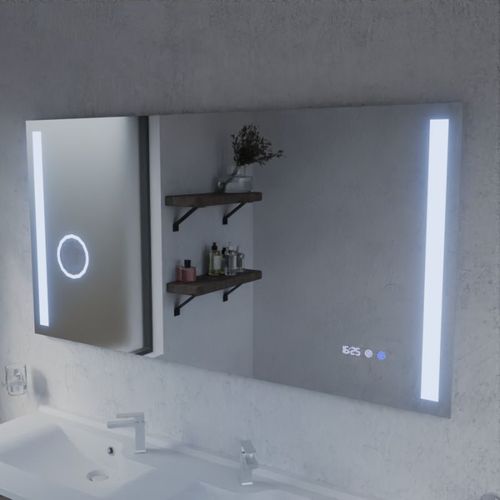 Miroir LED Avec Antibuée, Loupe Et Horloge Duetto - 140 X 70 Cm