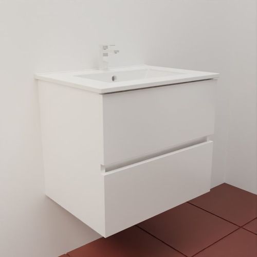 Meuble Salle De Bain Suspendu 60 Cm Rosaly Inox- Blanc- Plan Vasque En Céramique