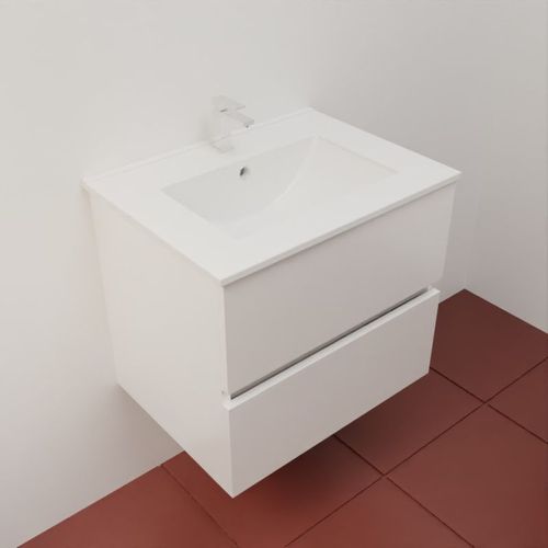 Meuble Salle De Bain Suspendu 60 Cm Rosaly Inox- Blanc- Plan Vasque En Céramique