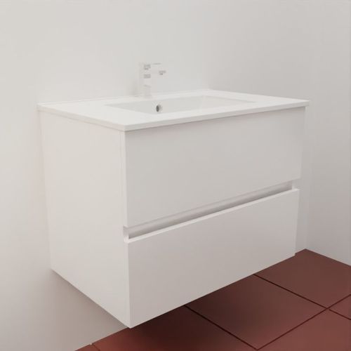 Meuble Salle De Bain Suspendu 70 Cm Rosaly Inox- Blanc- Plan Vasque En Céramique