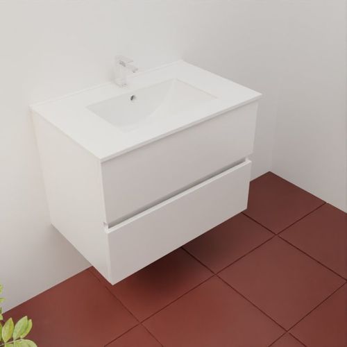 Meuble Salle De Bain Suspendu 70 Cm Rosaly Inox- Blanc- Plan Vasque En Céramique