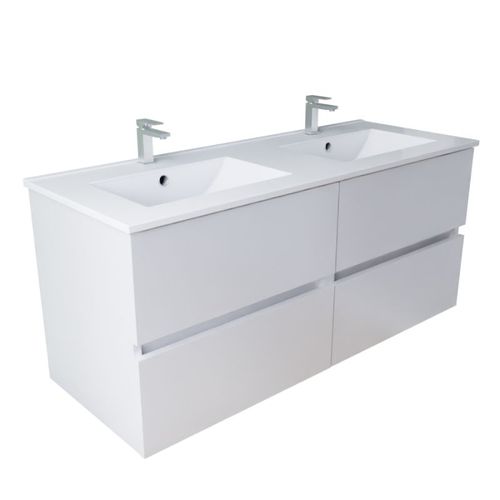 Meuble Double Vasque 120 Cm Rosaly Inox- Blanc- Plan Vasque En Céramique
