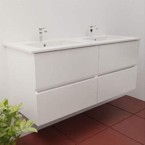 Meuble Double Vasque 120 Cm Rosaly Inox- Blanc- Plan Vasque En Céramique