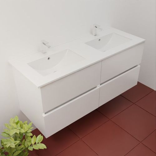Meuble Double Vasque 120 Cm Rosaly Inox- Blanc- Plan Vasque En Céramique