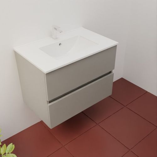 Meuble Salle De Bain Suspendu 70 Cm Rosaly Inox- Gris- Plan Vasque En Céramique