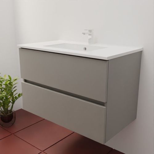 Meuble Salle De Bain Suspendu 80 Cm Rosaly Inox- Gris- Plan Vasque En Céramique