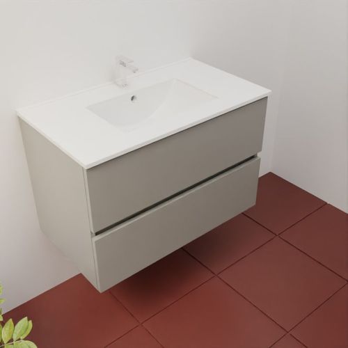 Meuble Salle De Bain Suspendu 80 Cm Rosaly Inox- Gris- Plan Vasque En Céramique