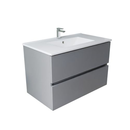 Meuble Salle De Bain Suspendu 80 Cm Rosaly Inox- Gris- Plan Vasque En Céramique