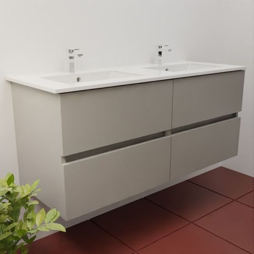 Meuble Double Vasque 120 Cm Rosaly Inox- Gris- Plan Vasque En Céramique