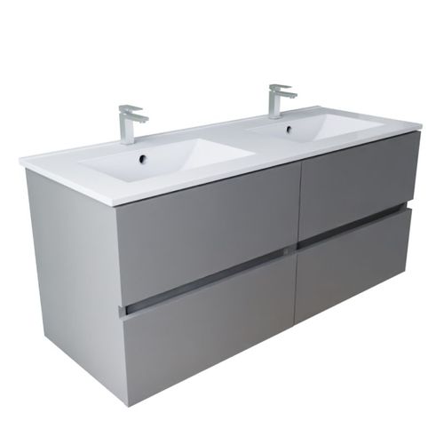 Meuble Double Vasque 120 Cm Rosaly Inox- Gris- Plan Vasque En Céramique