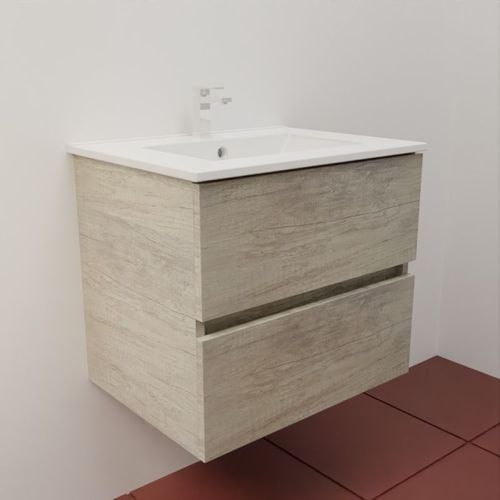 Meuble Salle De Bain Suspendu 60 Cm Rosaly Inox- Bois- Plan Vasque En Céramique