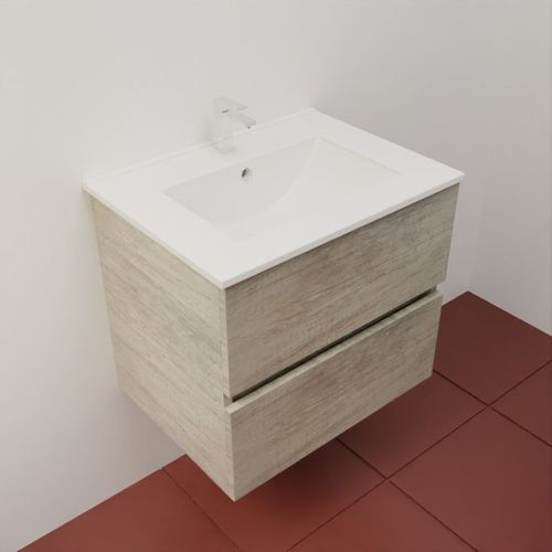 Meuble Salle De Bain Suspendu 60 Cm Rosaly Inox- Bois- Plan Vasque En Céramique