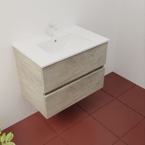 Meuble Salle De Bain Suspendu 70 Cm Rosaly Inox- Bois- Plan Vasque En Céramique