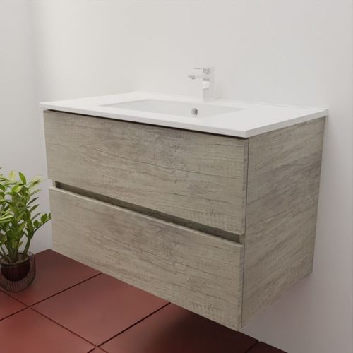 Meuble Salle De Bain Suspendu 80 Cm Rosaly Inox- Bois- Plan Vasque En Céramique