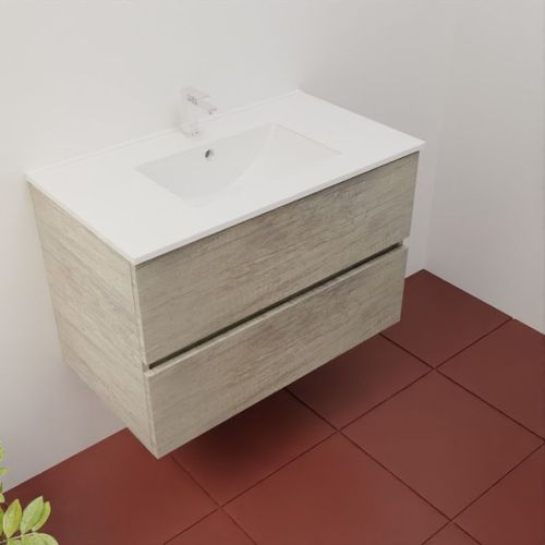 Meuble Salle De Bain Suspendu 80 Cm Rosaly Inox- Bois- Plan Vasque En Céramique