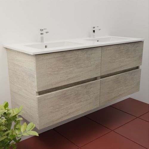 Meuble Double Vasque 120 Cm Rosaly Inox- Bois- Plan Vasque En Céramique