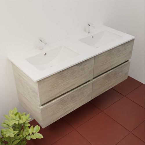 Meuble Double Vasque 120 Cm Rosaly Inox- Bois- Plan Vasque En Céramique