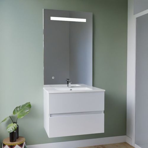 Meuble Vasque Rosaly Inox 70 Cm + Miroir Eleg Plus Ht105- Blanc- Plan Vasque En Céramique