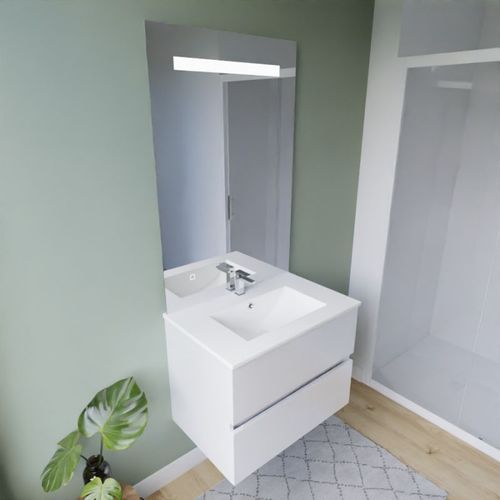 Meuble Vasque Rosaly Inox 70 Cm + Miroir Eleg Plus Ht105- Blanc- Plan Vasque En Céramique
