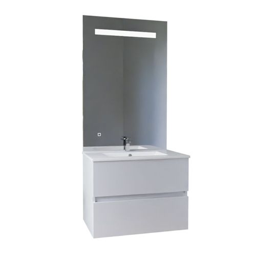 Meuble Vasque Rosaly Inox 70 Cm + Miroir Eleg Plus Ht105- Blanc- Plan Vasque En Céramique