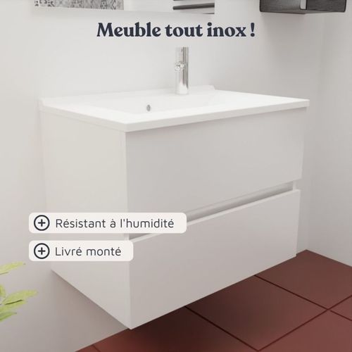 Meuble Vasque Rosaly Inox 70 Cm + Miroir Eleg Plus Ht105- Blanc- Plan Vasque En Céramique