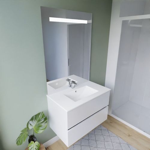 Meuble Vasque Rosaly Inox 80 Cm + Miroir Elégance Ht105- Blanc- Plan Vasque En Céramique