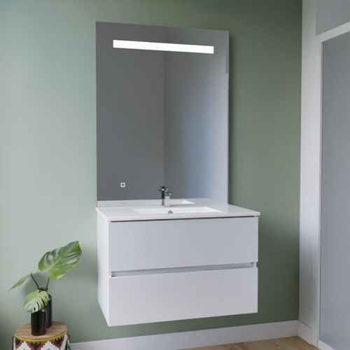 Meuble Vasque Rosaly Inox 80 Cm + Miroir Elégance Ht105- Blanc- Plan Vasque En Céramique
