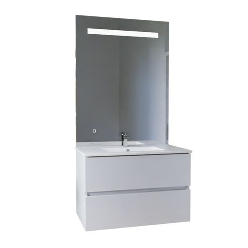 Meuble Vasque Rosaly Inox 80 Cm + Miroir Elégance Ht105- Blanc- Plan Vasque En Céramique