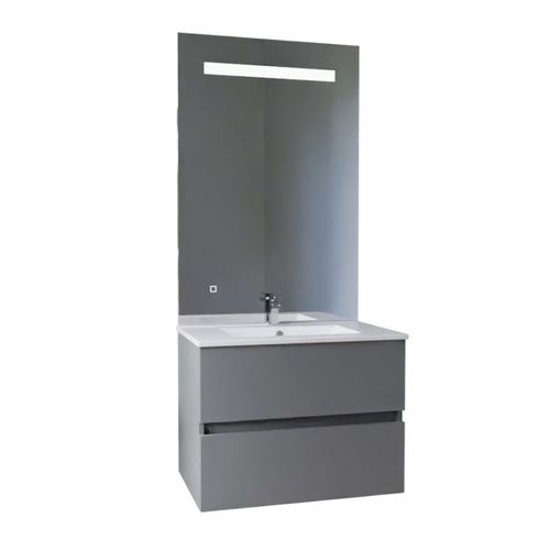 Meuble Vasque Rosaly Inox 70 Cm + Miroir Eleg Plus Ht105- Gris- Plan Vasque En Céramique