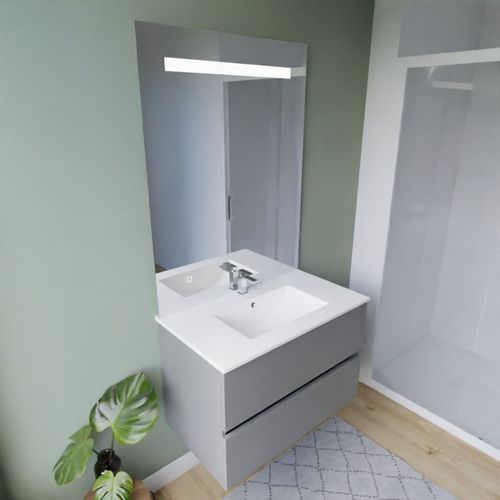 Meuble Vasque Rosaly Inox 80 Cm + Miroir Elégance Ht105- Gris- Plan Vasque En Céramique