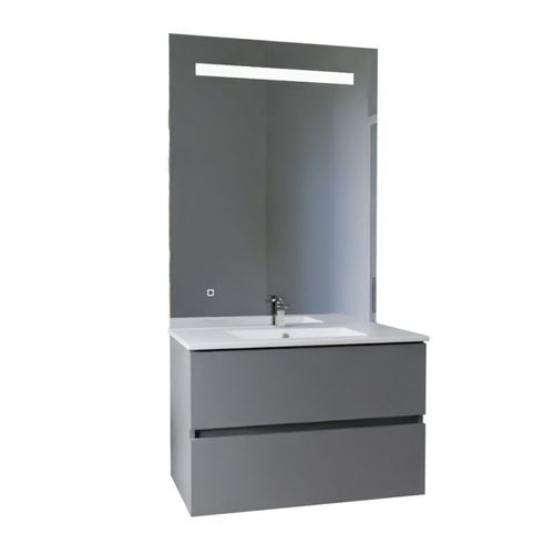 Meuble Vasque Rosaly Inox 80 Cm + Miroir Elégance Ht105- Gris- Plan Vasque En Céramique