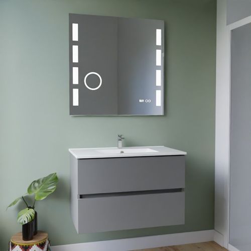 Meuble Vasque Rosaly Inox 80 Cm + Miroir Elégance Ht105- Gris- Plan Vasque En Céramique