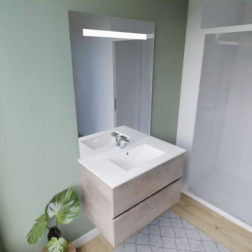 Meuble Vasque Rosaly Inox 80 Cm + Miroir Elégance Ht105- Bois- Plan Vasque En Céramique