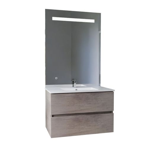 Meuble Vasque Rosaly Inox 80 Cm + Miroir Elégance Ht105- Bois- Plan Vasque En Céramique