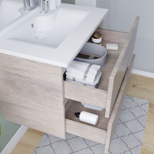 Meuble Vasque Rosaly Inox 80 Cm + Miroir Elégance Ht105- Bois- Plan Vasque En Céramique