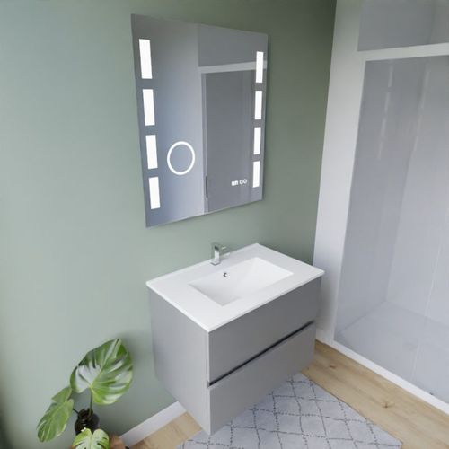 Meuble Vasque Rosaly Inox 70 Cm + Miroir Excellence- Gris- Plan Vasque En Céramique
