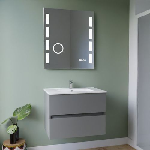 Meuble Vasque Rosaly Inox 70 Cm + Miroir Excellence- Gris- Plan Vasque En Céramique