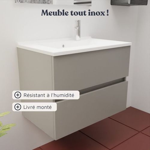 Meuble Vasque Rosaly Inox 70 Cm + Miroir Excellence- Gris- Plan Vasque En Céramique