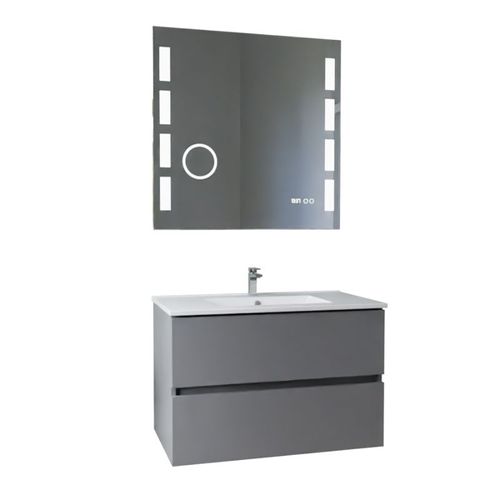 Meuble Vasque Rosaly Inox 80 Cm + Miroir Excell Plus- Gris- Plan Vasque En Céramique