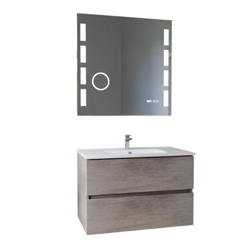 Meuble Vasque Rosaly Inox 80 Cm + Miroir Excell Plus- Bois- Plan Vasque En Céramique